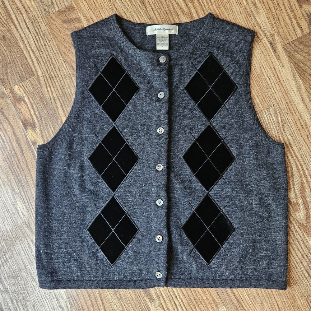 VTG Eddie Bauer Merino Wool Argyle Sweater Vest M Gray Button Front Velvet Trim